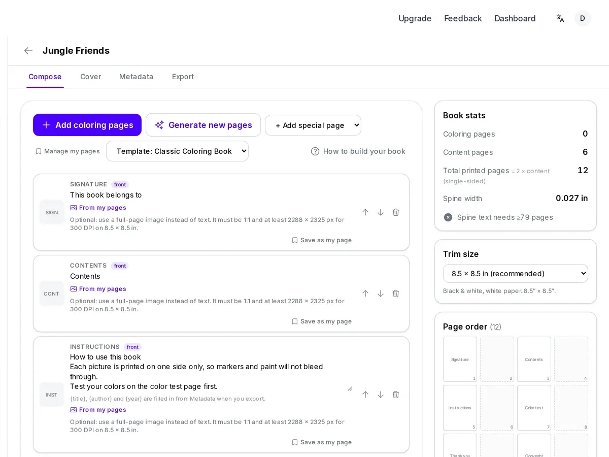 Screenshot of the book builder open on a new book, showing trim size and starter template options
