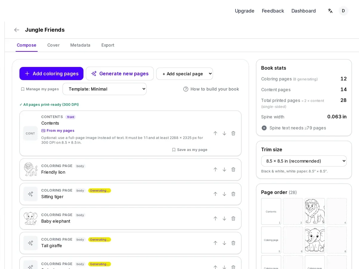 Screenshot of a themed batch of matching coloring pages generating inside the book builder
