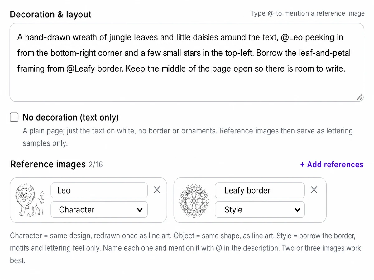Screenshot of the special page generator interface, showing the large description box and reference image area