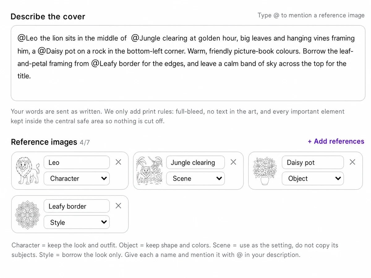 Screenshot of the free-form cover description interface, showing the prompt box, named reference images, and Character/Object/Scene/Style categories